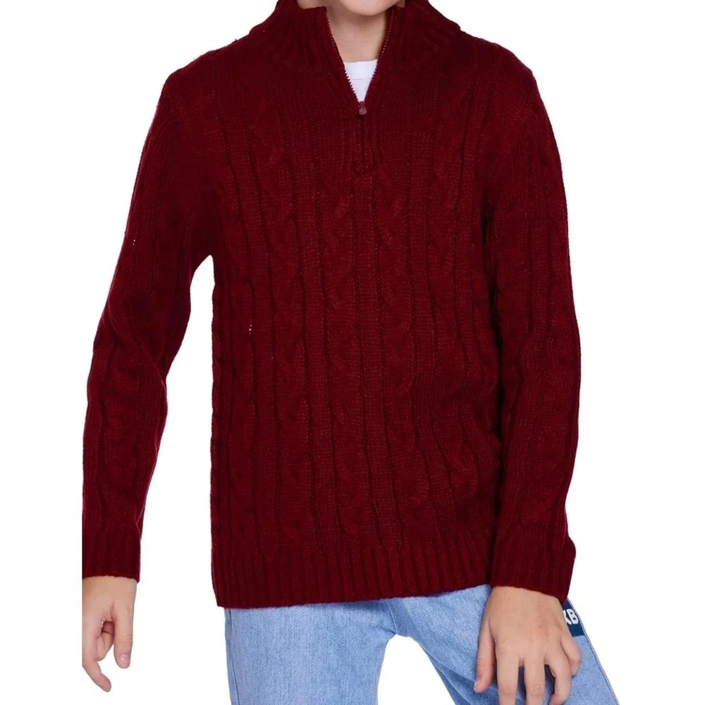 Youth Cable Knit Sweater 1/4 Zip Pullover Burgundy Old Money Luxury New‎